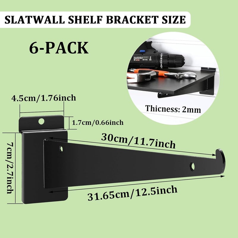APOCHON 6 Pack Slat Wall Shelf Bracket 12 Inch, Heavy Duty Slatwall Shelf Brackets for Shelves, Metal Floating Slatwall Accessory with Lip for Commercial and Garage Slat Panels Shelving Display - Image 2
